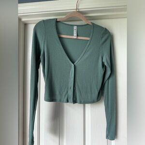 Ribbed cropped teal ALO cardigan sweater